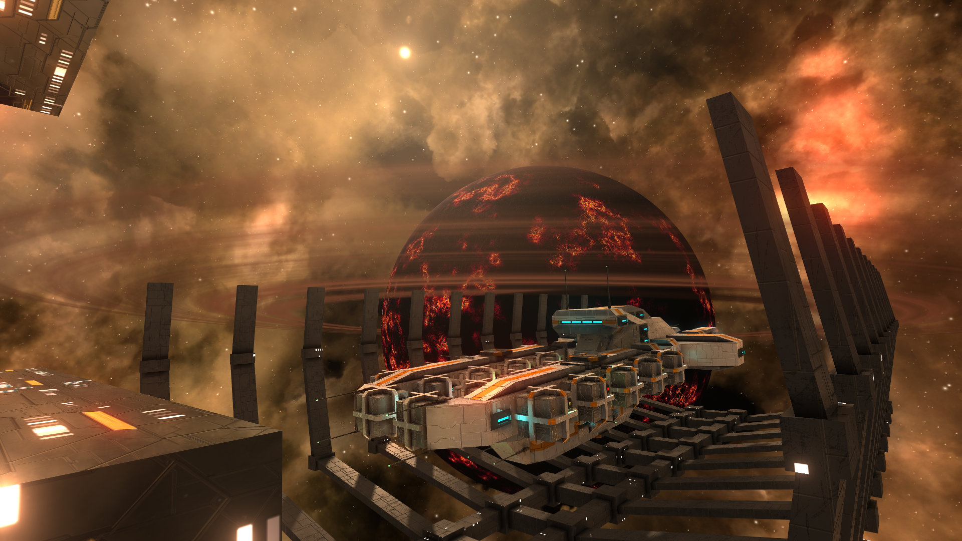 Avorion gameplay — ship docked at a station